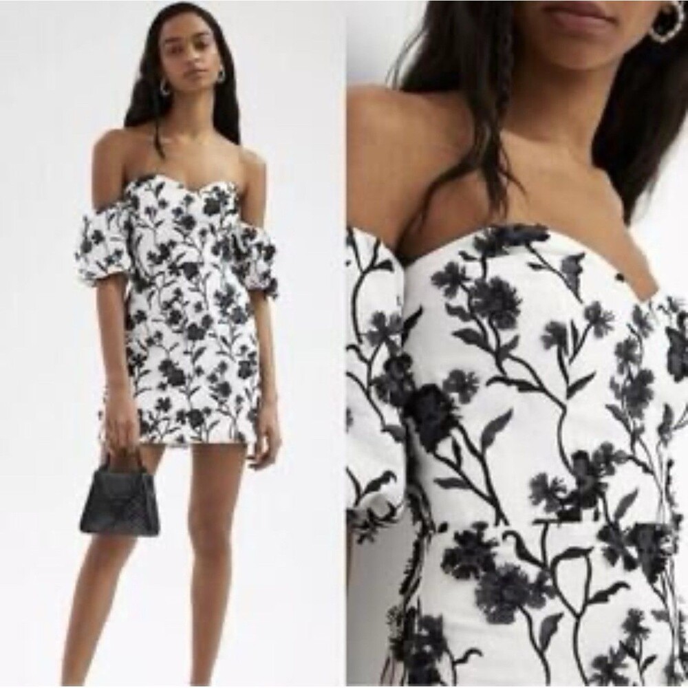 Anthropologie Floral Embroidered Linen Blend Puff Sleeve Mini Dress NWT US 10